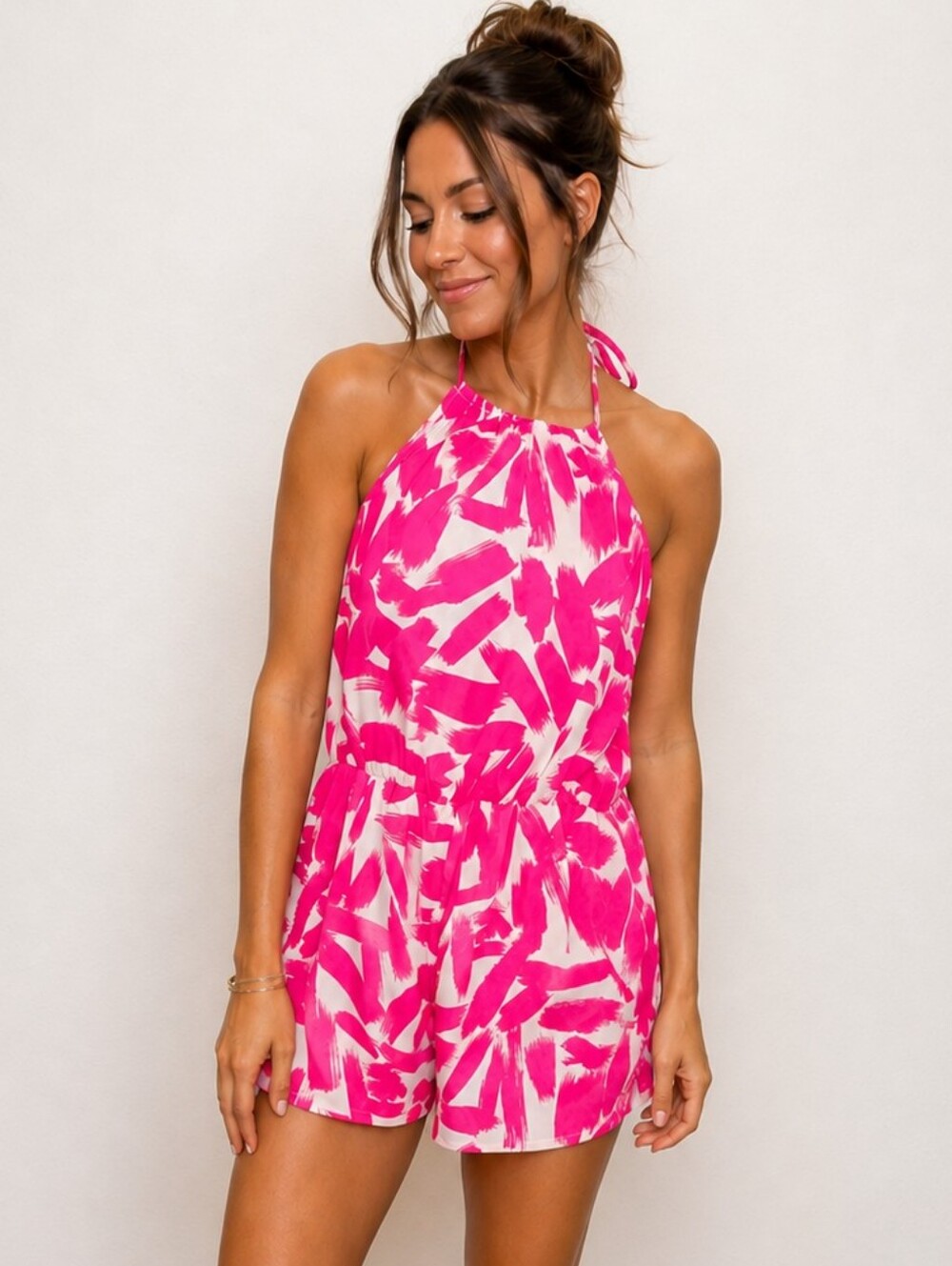 Tie-Neck Pink Print Women's Romper - Small